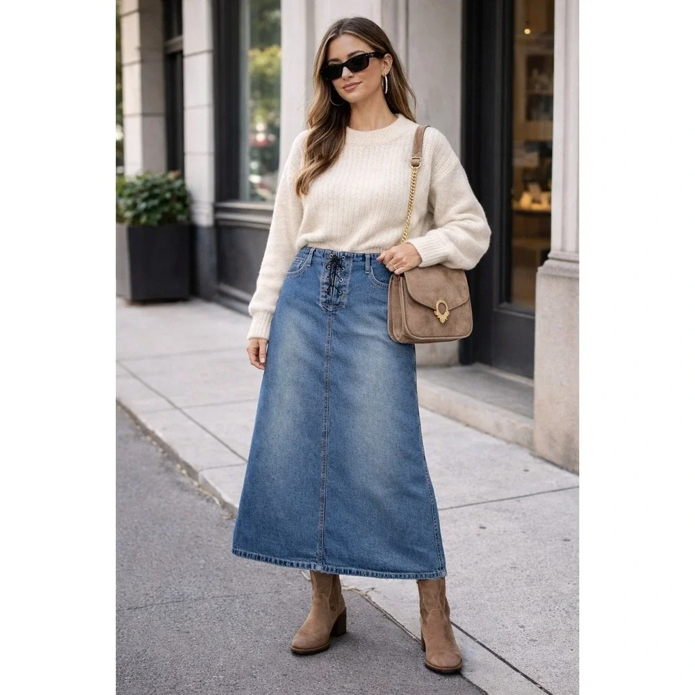 Classic Blue Denim Midi Skirt with Lace-Up Front - Picture 9 of 15
